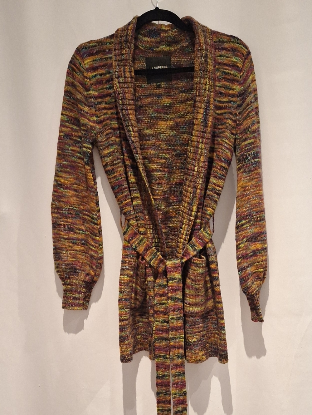 Le Superbe Spacedye RainbowMulticolor Open-Front Knit Cardigan Sweater Belt